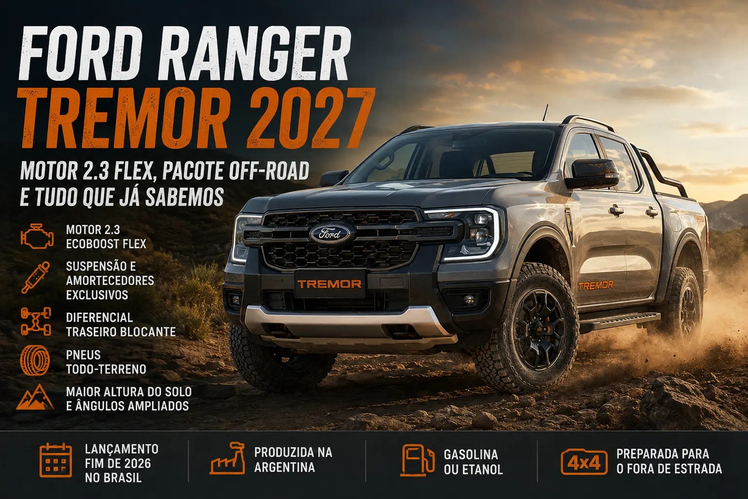 Projeção ilustrativa da Ford Ranger Tremor 2027 com motor 2.3 EcoBoost flex e preparação off-road.